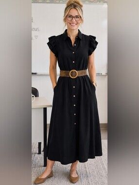 Black Maxi Shirt Dress Ruffle Sleeve Cottagecore Teacher Modest Boho Belted